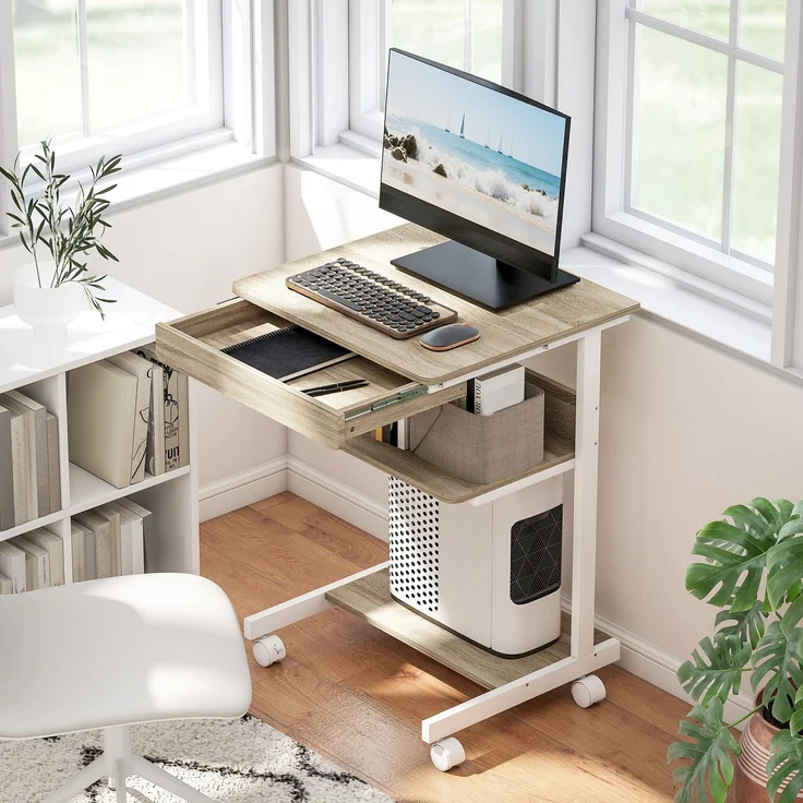 Computertisch auf Rollen, Schreibtisch mit Stauraum 56 x 51 cm mit Schublade, Fach und CPU-Halterung, Eiche – Bild 3