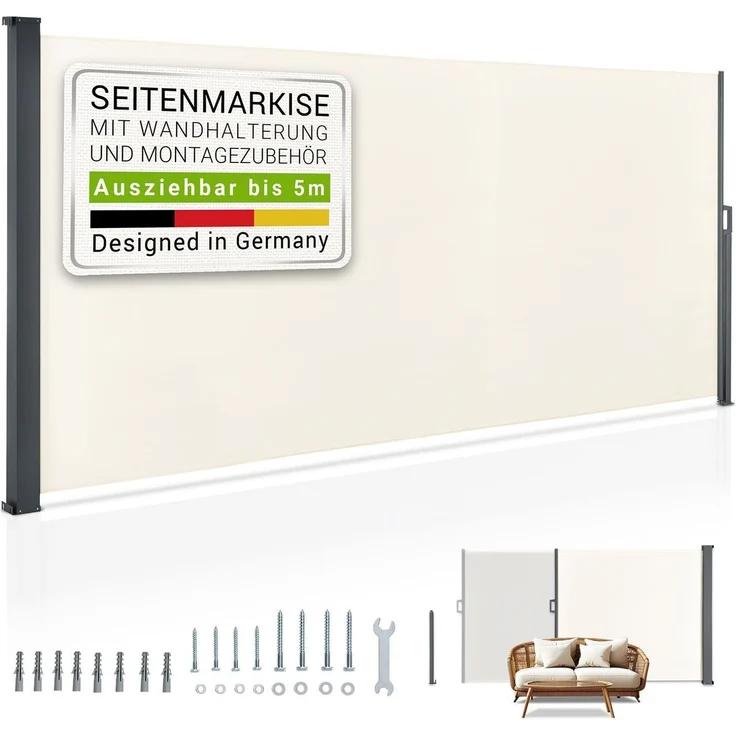 Juskys Seitenmarkise Dubai 500 x 180 cm ausziehbar blickdicht, Sichtschutz für Balkon & Terrasse, Seitenrollo mit Wandhalterung – beige – Bild 1