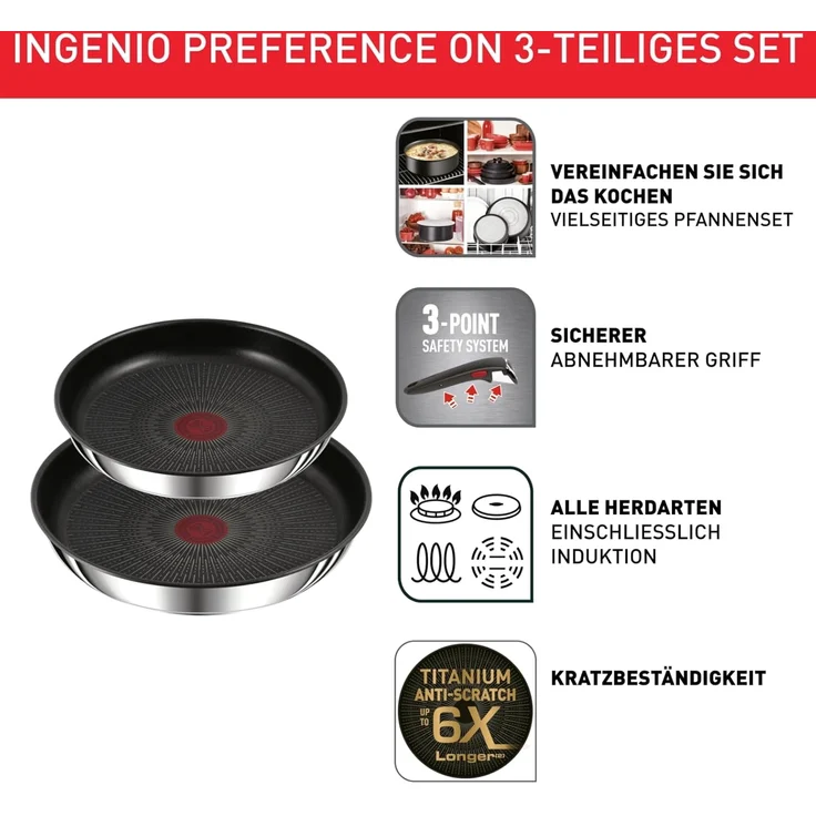 Tefal L97490 Ingenio Preference On 3-teiliges Pfannenset | stapelbar | Antihaftversiegelung | induktionsgeeignet | Thermo-Signal Temperaturanzeiger | Schwarz/Edelstahl, Groß – Bild 2
