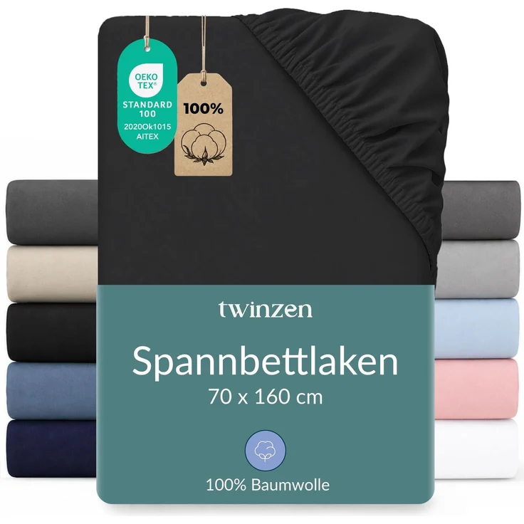 Twinzen Spannbettlaken 70 x 160 cm - 100% Jersey Baumwolle, Schwarz - Oeko Tex Zertifiziert - Bettlaken 70 x 160 cm