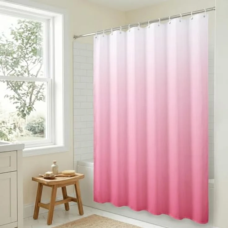 Americanflat Duschvorhang, 100% Polyester, wasserabweisend, mit Metallösen und 12 Duschvorhangringen, Farbverlauf, 180 x 180 cm, Rosa – Bild 6