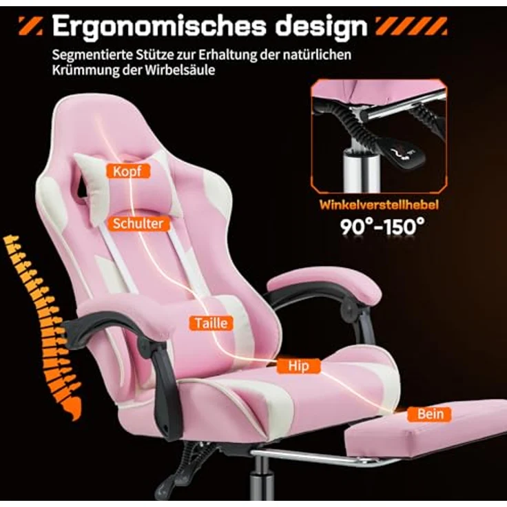 Sweetcrispy Videospiel-Schreibtischstuhl - Ergonomischer Computerstuhl mit Fußstütze und bequemer Lendenwirbelstütze, PU-Leder-Liegesessel mit Kopfstütze,rosa – Bild 5