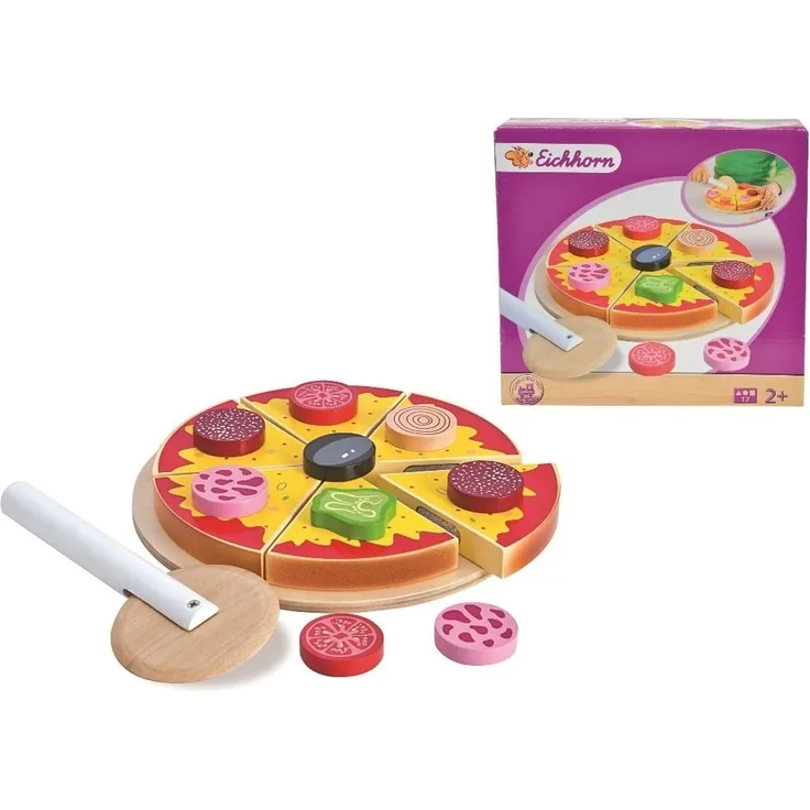Eichhorn 100003730 - Pizza zum Belegen - 17 teilig, 19 x 19 x 4 cm, inkl. Belag und Schneideroller, Kiefernholz