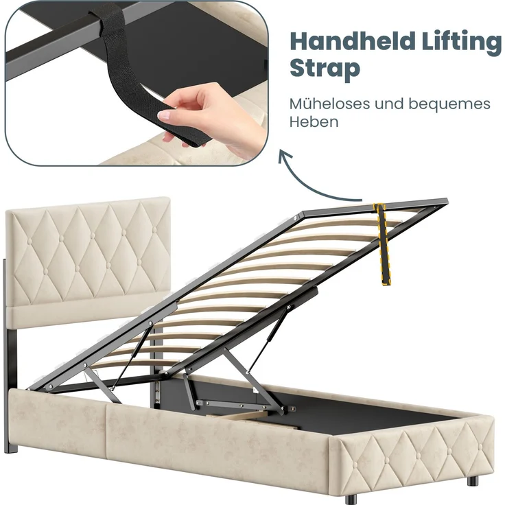 Polsterbett aus Kunstleder mit Aufbewahrungsbox & Lattenrost, ohne Matratze, 90x200 cm, Beige – Bild 8