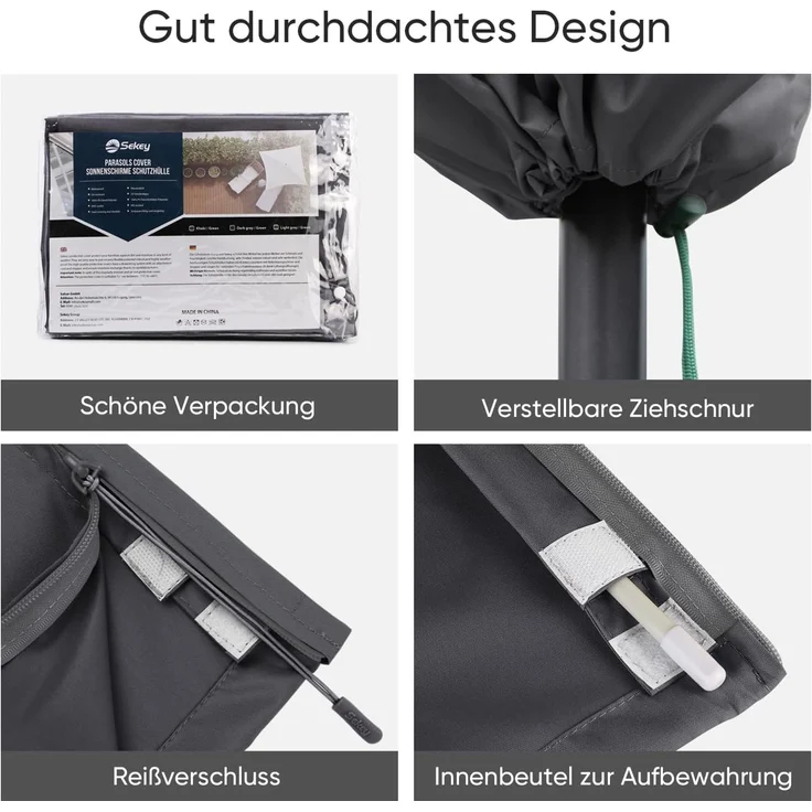 Sekey Sonnenschirm Schutzhülle mit Stab, Abdeckhauben für Ø 300 cm Gartenschirm mit Belüftungsöffnungen, Abdeckung für Marktschirm / Balkonschirm, 100% Polyester, wasserdicht, Dunkelgrau. – Bild 7