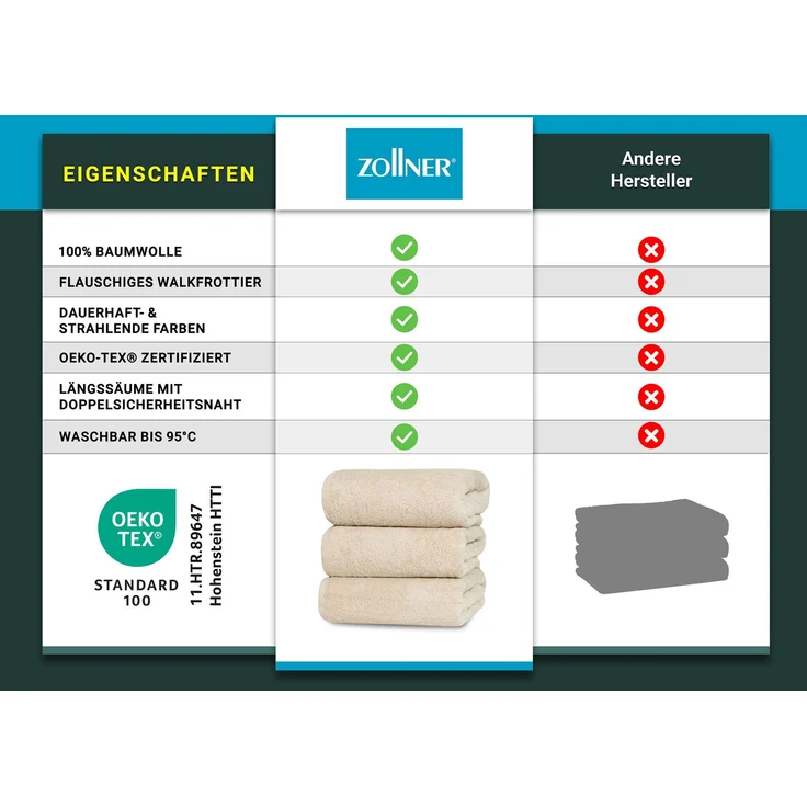 ZOLLNER Duschtücher 3er Set, creme (beige), 70x140 cm, 100% Baumwolle – Bild 4