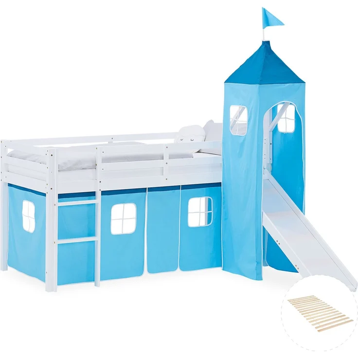 Hochbett Kinder 90x200 cm mit Rutsche Lattenrost Kinderbett Kinderhochbett Stockbett Vorhang Turm Blau – Bild 1