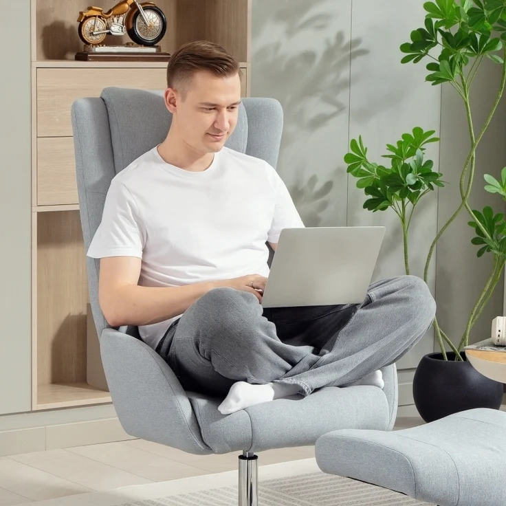 Relaxsessel Set mit Fußhocker und Kopfteil, 360° drehbarer Fernsehsessel mit Leinenstoff Bezug, elektroplattiert, 118 x 68 x 84 cm, Grau – Bild 3