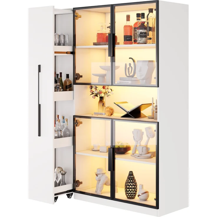 ZUBALIYA Glasvitrine110×35×160cm, weiß mit LED-Beleuchtung – mit ausziehbaren Regalen, vertikaler Vitrine mit Schubladen und vielseitigen Aufbewahrungsmöglichkeiten für Wohnzimmer, Küchen und Arbeitszimmer. – Bild 7