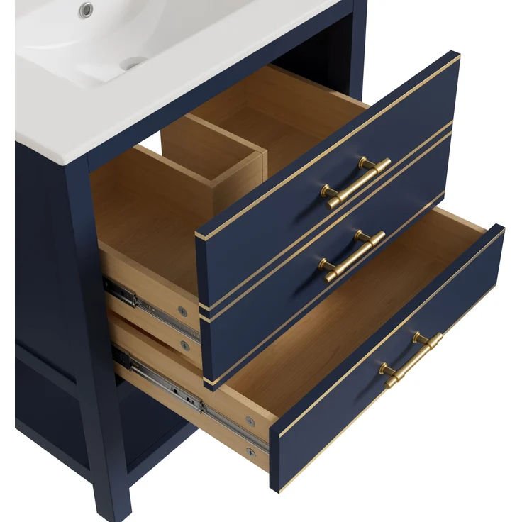 Waschtisch-Unterschrank 76 cm Schwarzblau mit Keramikbecken 2 Schubladen gold handhaben – Bild 9