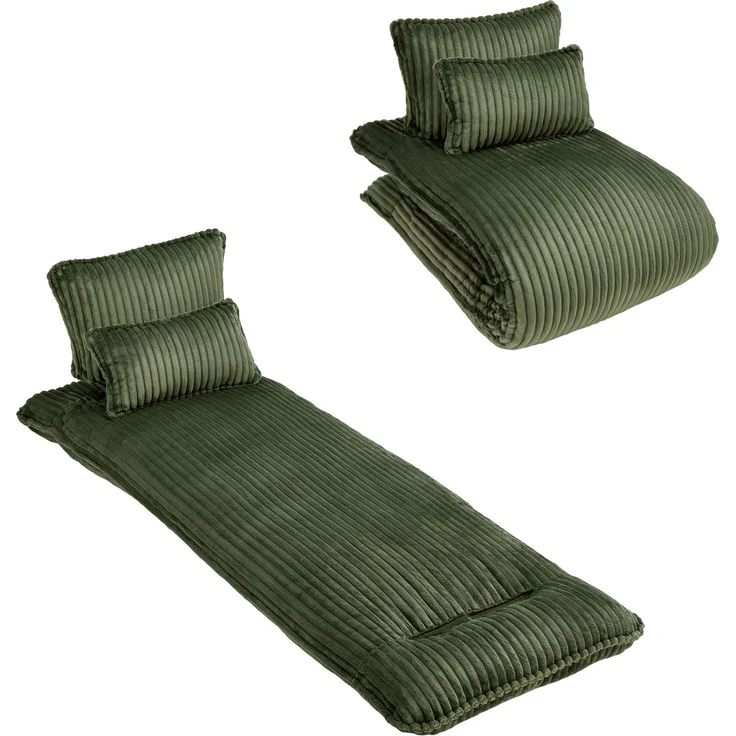 LVHOM Schlafsessel mit Bettfunktion, 227 cm Klappsessel Bodensessel mit Stahlrahmen, klappbarer Relaxsessel inkl. 2 Kissen, bis 150 kg belastbar, Cord Grün – Bild 2