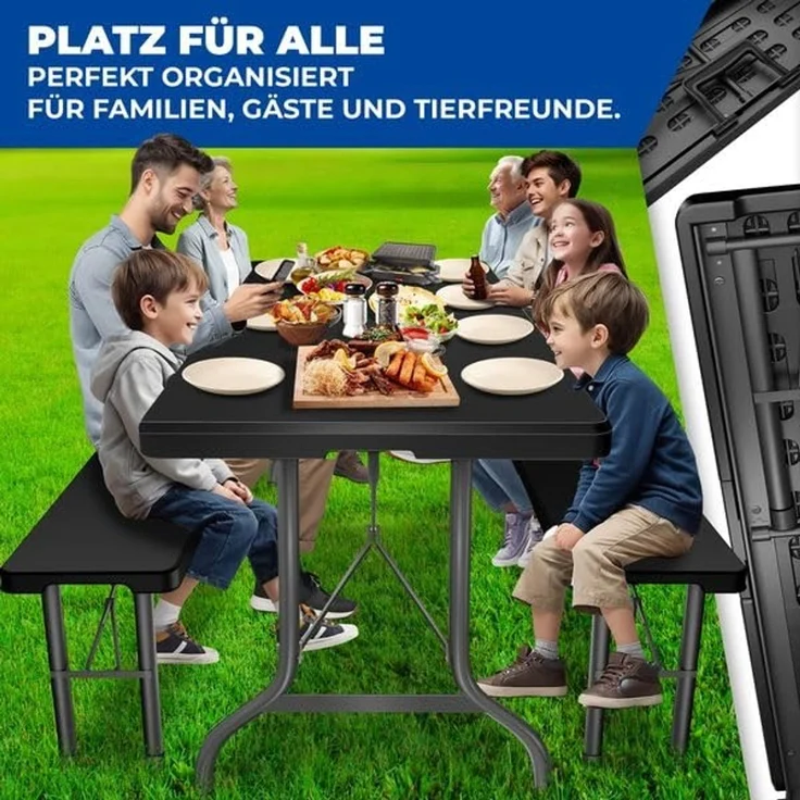 KESSER® Bierzeltgarnitur 3-teilig Set Tisch & 2x Bank | Buffettisch für drinnen & draußen Gartengarnitur klappbar 183x76x74cm Kunststoff Klapptisch Gartentisch inkl. Abdeckung & Tragegriffe Schwarz, Glatt – Bild 9