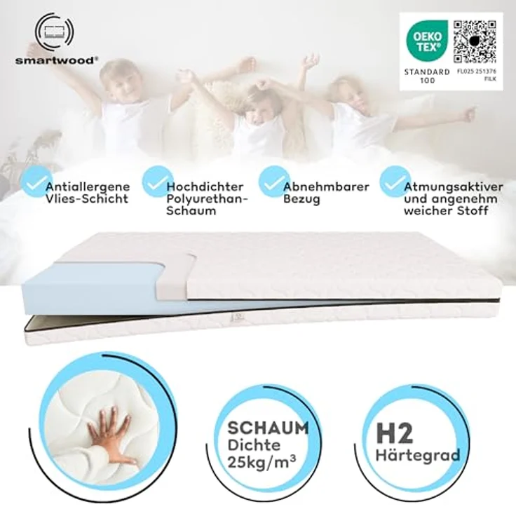 smartwood Kindermatratze 60x120 12cm Matratze mit Bettlaken - H2 Schaumstoffmatratze Oeko-TEX-Zertifiziert - Wendbar - mit Waschbarem Antiallergischem Bezug – SmartComfort | Made in EU – Bild 3