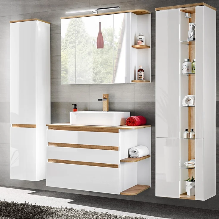 Badezimmermöbel Set mit Keramik-Waschtisch CAMPOS-56, Hochglanz weiß mit Wotaneiche, 2 Hochschränke B/H/T: ca. 204/200/50 cm – Bild 2
