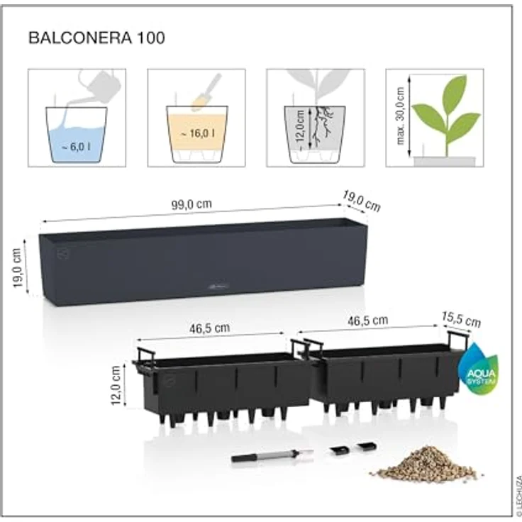 Lechuza Balconera Cottage, Balkonkasten mit Erd-Bewässerungssystem, max. 100 cm, lichtgrau – Bild 5