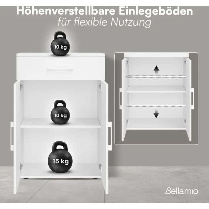 Bellamio 'Apol' Mehrzweckschrank, weiß, 88x33x60 cm, kleiner Aktenschrank mit 2 Fächern und 1 Schublade – Bild 3