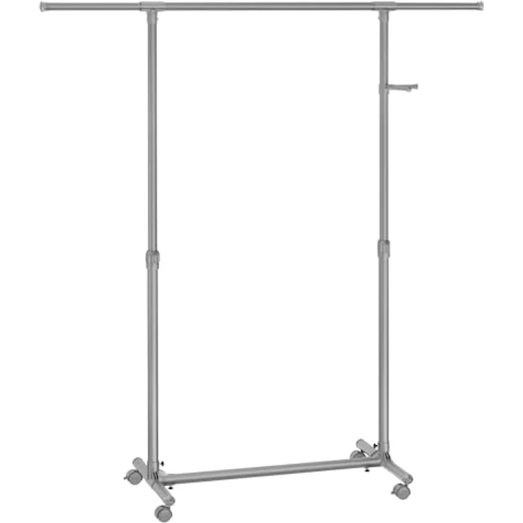 SONGMICS Kleiderständer auf Rollen, Kleiderstange, höhenverstellbar zwischen 97 und 165 cm, ausziehbare Garderobenstange, Garderobenständer, seitliche Haken für Accessoires, taubengrau LLR001G01 – Bild 2