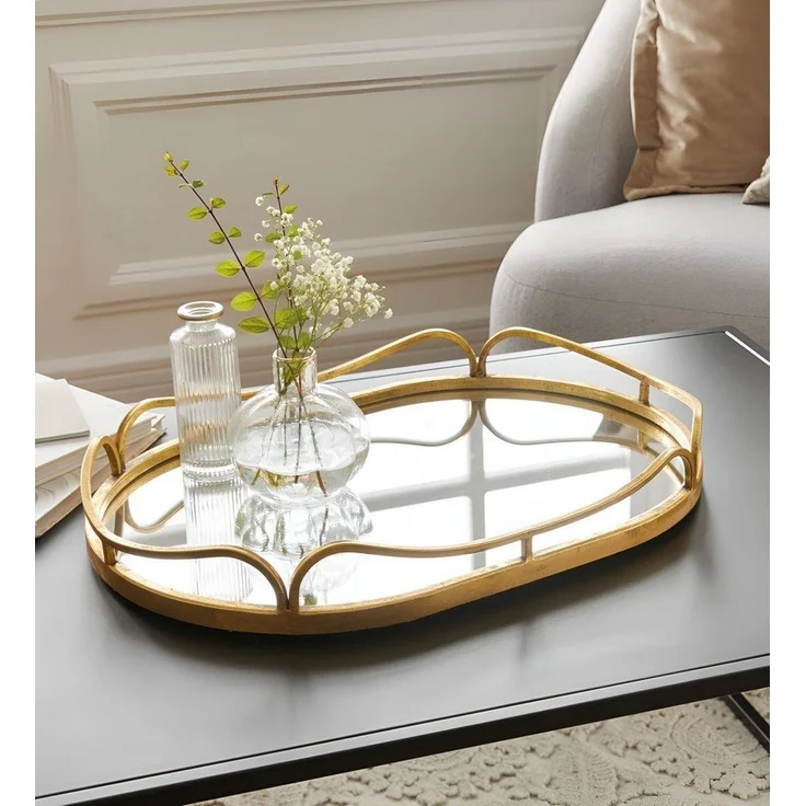 Dekoleidenschaft Tablett mit großer Spiegelfläche "Gold" 50x34 cm groß, Rahmen aus Metall in gold, Serviertablett, Geschenk Verlobung Hochzeit – Bild 2