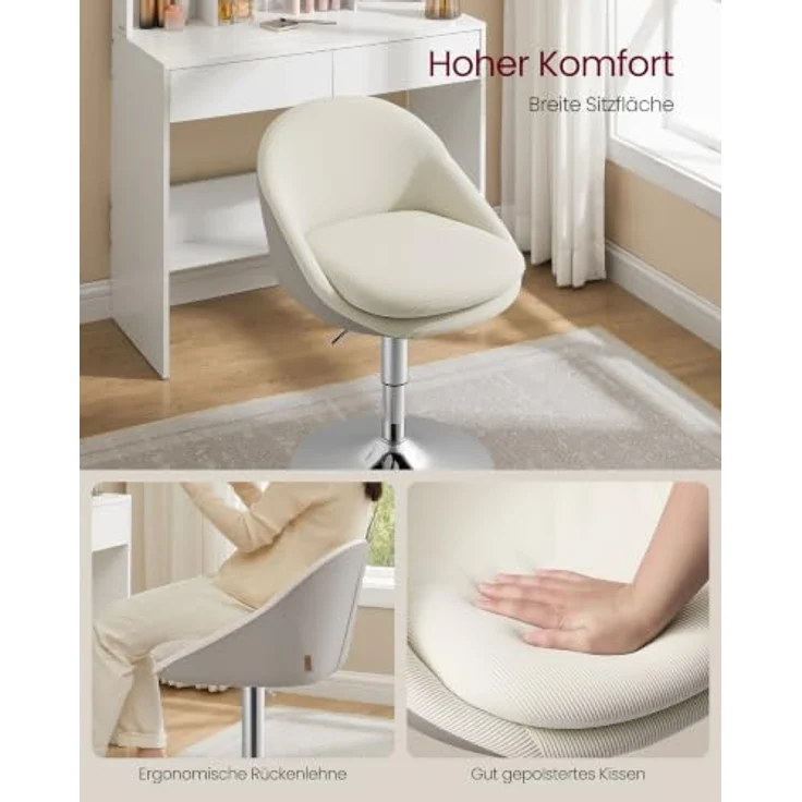 VASAGLE Schminkstuhl, Höhenverstellbarer Drehstuhl, mit Rückenlehne, Cord | Stuhl für Schminktisch, 360° Drehbar, für Esszimmer und Wohnzimmer, Hellmokkafarben, Lenna Kollektion LJB100L101 – Bild 4