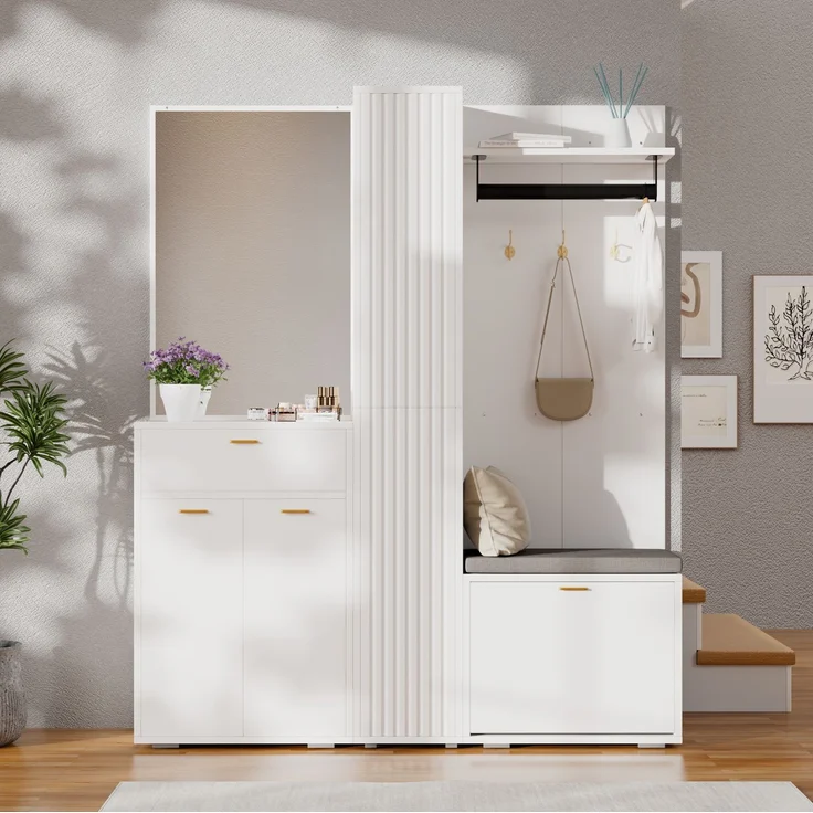 Garderobenset 150x36x180 cm in Weiß mit Spiegel, Sitzbank und Schuhkipper – Bild 4