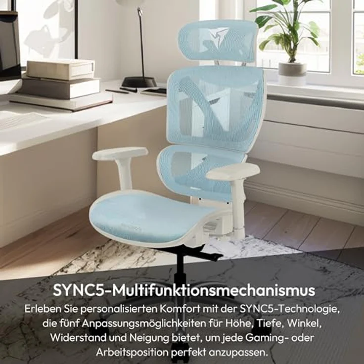 ThunderX3 XTC Ergonomischer Bürostuhl, Mesh-Bezug, höhenverstellbare 3D-Armlehnen, schwarz/blau, bis 125 kg belastbar – Bild 2
