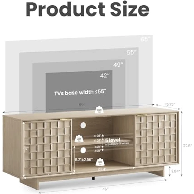 COLAMY TV-Schrank mit Zwei Türen, Entertainment-Center 150 cm mit verstellbaren Einlegeböden und Stauraum, Mid-Century Modern TV-Board für 50/55/65 Zoll Fernseher, Media-Konsole für Wohnzimmer, Eiche – Bild 2