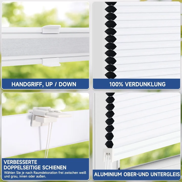 Sekey Wabenplissee Ohne Bohren Verdunkelung Rollo 100% verdunkelnd Blickdicht, Klemmfix, Aluminiumschiene, ZWeißeitig wählbar in Weiß & Grau 95x120cm – Bild 4
