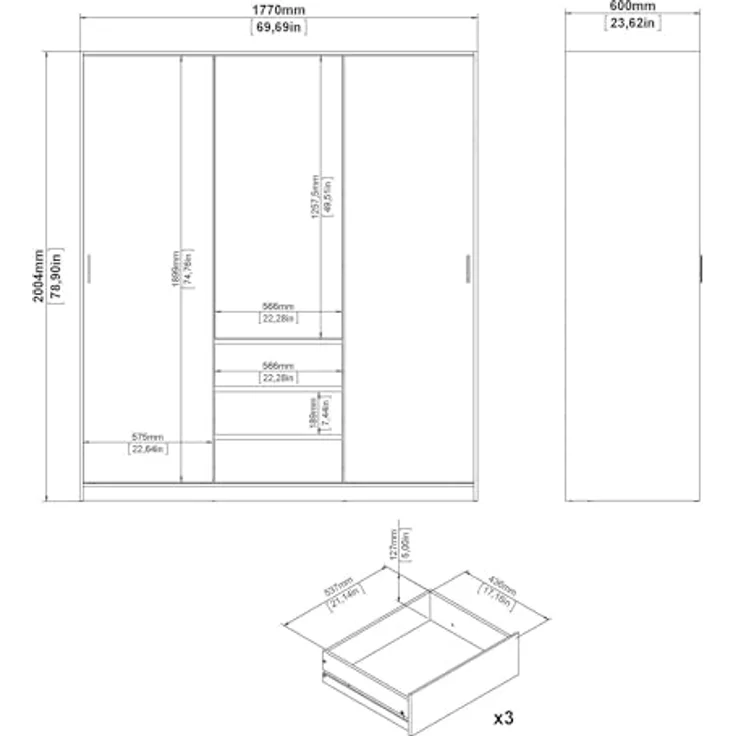 Dmora - Kleiderschrank 3 Türen Delphine, Schlafzimmermöbel, Schrank, Garderobe, 177x60 h200 cm, Weiß – Bild 3