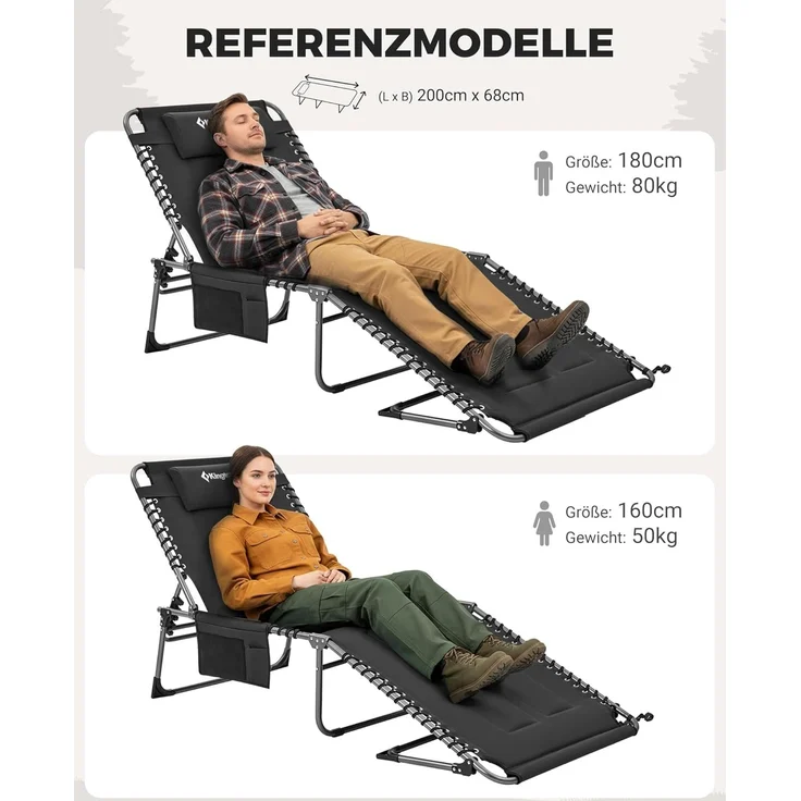 KingCamp Übergroße Sonnenliege Klappbar 5-Fach Verstellbar Gartenliege Liegestuhl Dreibeinliege Liege Campingliege mit Kopfkissen und Seitentasche bis 150 kg für Garten Urlaub Strand Pool 200x68 cm – Bild 12