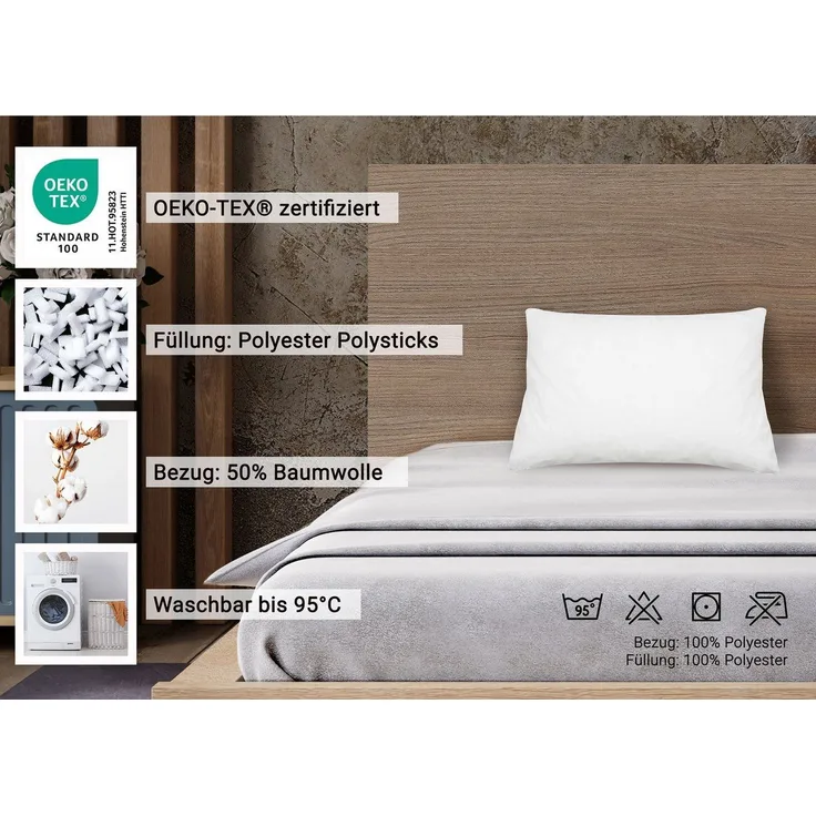 ZOLLNER Kopfkissen, Füllung: 100% Polyester Polysticks, Seitenschläfer, 60x80 cm, 50% Polyester, 50% Baumwolle, vom Hotelwäschespezialisten