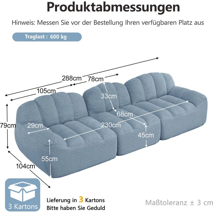 EINHOM 3-Sitzer Modulares Sofa, Boneless Design aus 32D Hochdichtschaum, tiefe Sitzfläche, ideal für Wohnzimmer, weicher Stoff, Blau – Bild 2