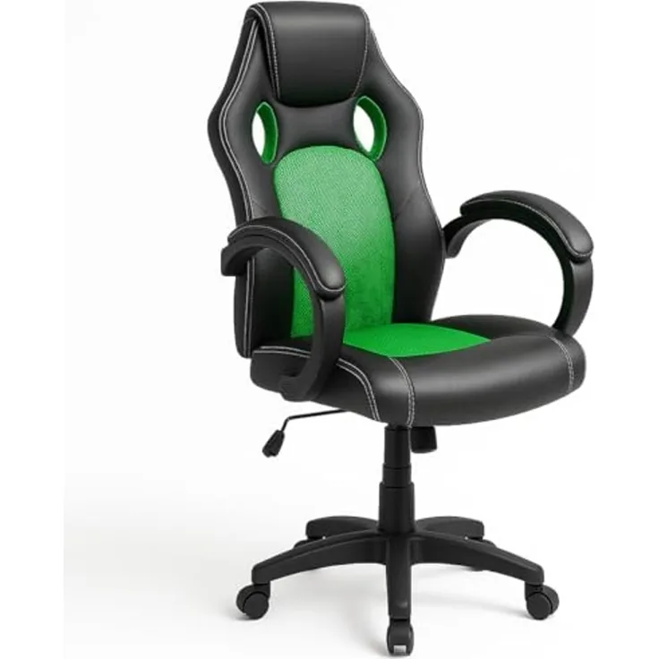 BAKAJI Sportsessel, Bürostuhl, 4 Räder, 360° drehbar, Modell Racer Gaming, extra luxuriös, aus Kunstleder, Schwarz und Stoff (Grün)