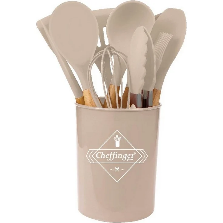 12-tlg Küchenhelfer Kochbesteck Set Kochgeschirr Silikon Holzgriff Beige – Bild 4