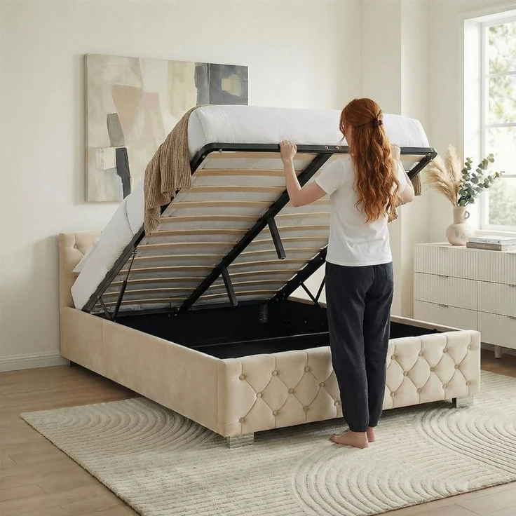 IDIMEX Polsterbett NURI, Bett 160x200 cm mit Samtbezug und Bettkasten Cremeweiß – Bild 5