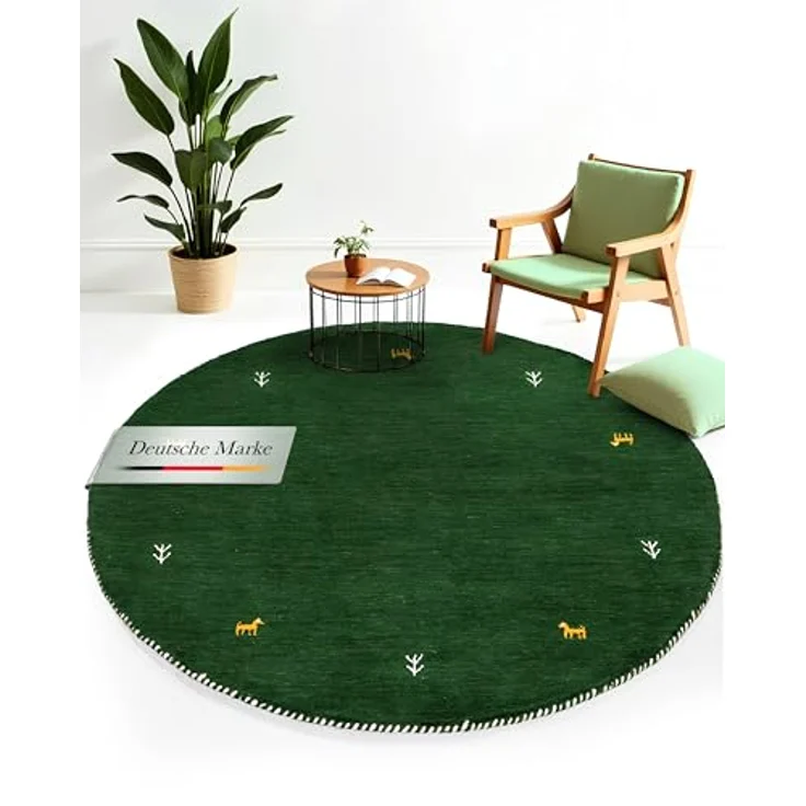 carpetfine 'Gabbeh Uni' Wollteppich, reine Wolle, Grün, Ø 200 cm – Bild 2