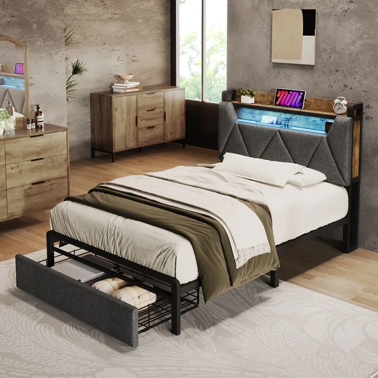 Polsterbett Leinen mit Stauraum-Kopfteil, LED & USB-Anschluss, Schublade, 91x217x110 cm, Grau, ohne Matratze