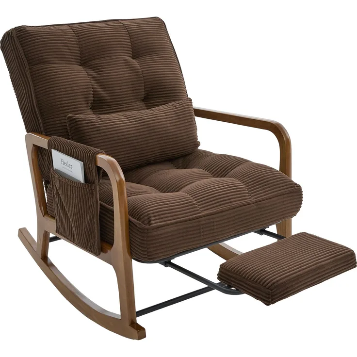 LVHOM Schaukelstuhl mit ausziehbarer Fußstütze, Relaxsessel mit verstellbare Rückenlehne, Loungesessel mit Seitentasche, bis 150 kg belastbar, Braun