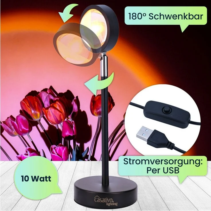 Casativo Projektionslampe LED-Sonnenuntergang Projektionslicht 180°-schwenkbar Deko-Beleuchtung, 10 Watt Leistungsaufnahme, LED fest integriert, Sunset-Projektor 180° schwenkbar, echtes Alu, 10W LED & USB-Anschluss – Bild 2