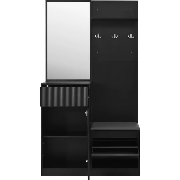 Kompaktgarderobe 105 x 38 x 190 cm in Schwarz mit Spiegel, Sitzbank und LED-Beleuchtung – Bild 10