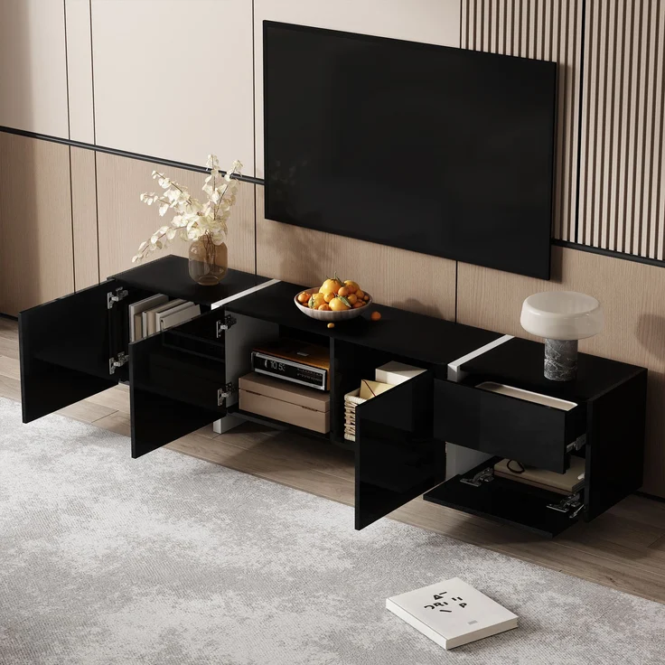 Eleganter TV-Ständer mit hochglänzendem Schwarz und weißen Beinen – 170 x 30 x 39 cm, 170x30x39 cm – Bild 1