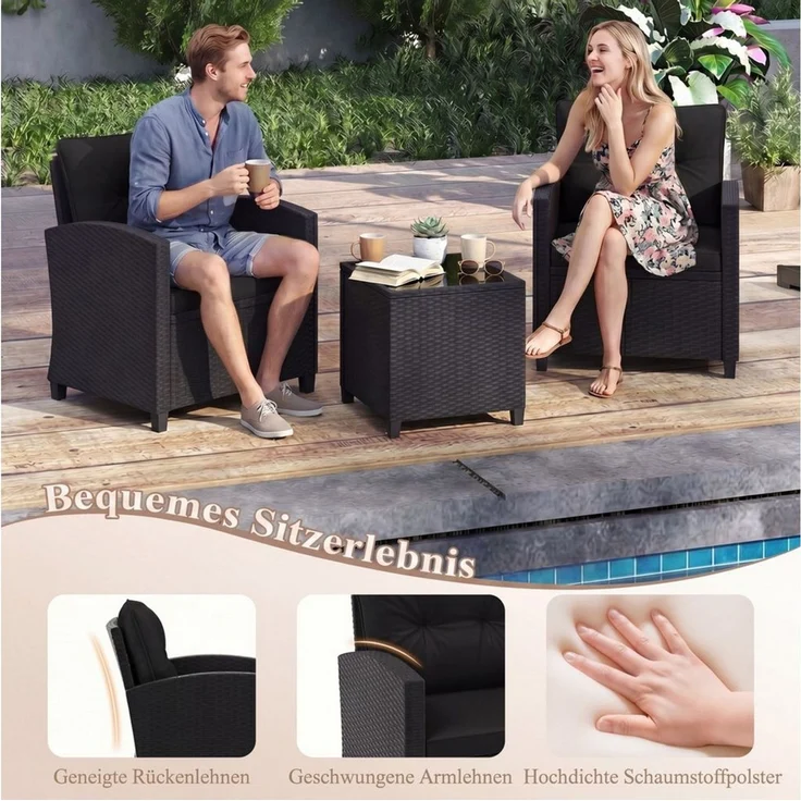 COSTWAY Balkonset, (3-tlg), Gartenmöbel Set Rattan mit Kissen, 2 Stühlen, Tisch – Bild 2