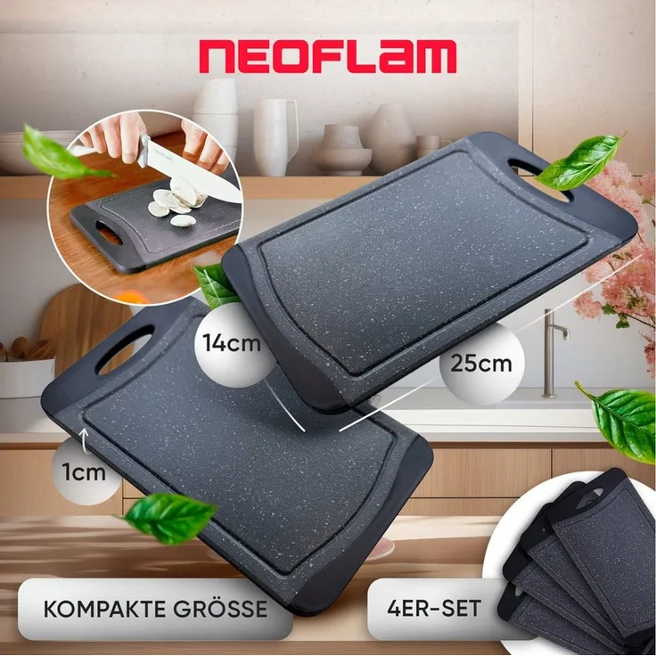 NEOFLAM® Schneidebrett Flutto Antibakterielles Frühstücksbrettchen Set 4tlg. - Granit/Schwarz, Kunststoff (PP), (4-St)