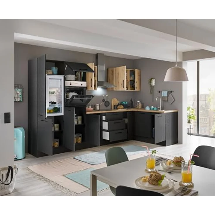 Turin LB Eckküche 340 x 211 x 60 cm, schwarz - Ohne Küchengeräte - Moderne, geräumige Küche in Artisan-Eiche Optik mit viel Stauraum – Bild 6