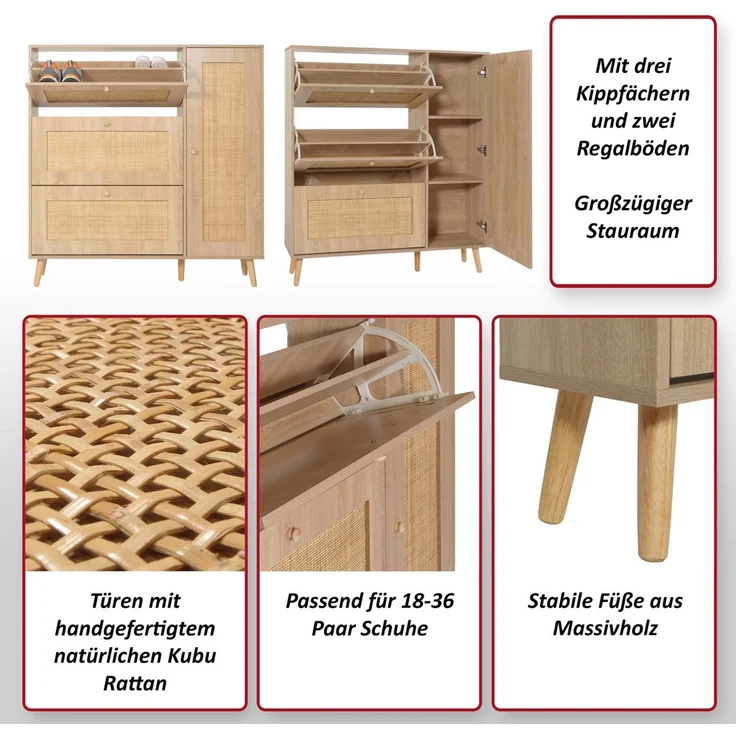 Rattan-Schuhkipper HWC-M37, Schuhregal Schuhschrank, 3 Kippfächer 2 Regalböden 127x120x24cm Holz Melamin ~ Eiche-Optik – Bild 2