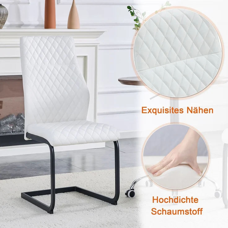 Esstischgruppe H 72 x T 60 x B 60 cm mit MDF-Tischplatte, weißen PU-Leder-Stühlen und schwarzem Metallgestell, mit 2 Stühlen – Bild 5