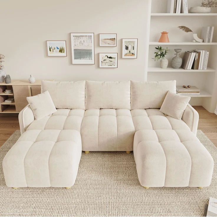 ZUBALIYA L-/U-förmiges wandelbares Ecksofa, 5-Sitzer modulare Sofakombination mit 2 Hockern und Kissen, Chenille-Stoff, Cloud-Sofa, breite Armlehnen, geeignet für Wohnzimmer, Schlafzimmer, Wohnung – Bild 8