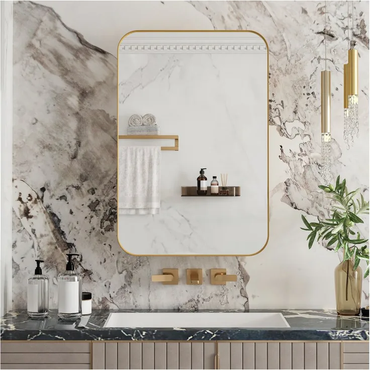 Fine Life Pro Badspiegel-Wandschrank, rechteckig, gold, mit Metallrahmen und verstellbaren Regalen für Bad, Wohnzimmer, Schlafzimmer