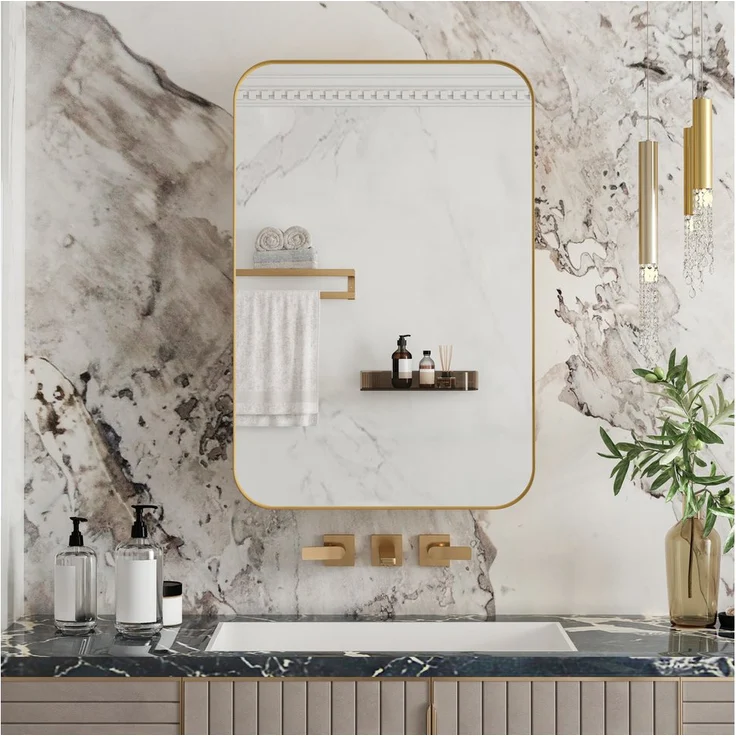 Fine Life Pro Badspiegel-Wandschrank, rechteckig, gold, mit Metallrahmen und verstellbaren Regalen für Bad, Wohnzimmer, Schlafzimmer