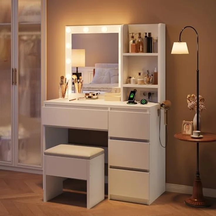 Jocoevol Schminktisch mit Spiegel und LED Beleuchtung, 12 LED Lichtkugeln, 3 Farben, Dimmbar, mit Steckdosenleiste, Kosmetiktisch​ mit 4 Schubladen und 2 Offenen Ablagen, (Weiß) – Bild 6
