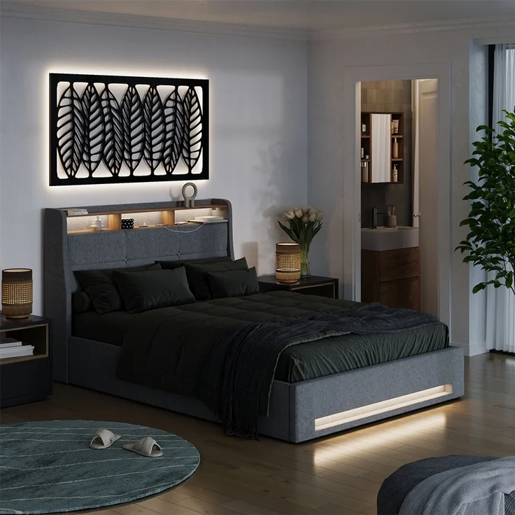 Polsterbett Christin Grau/Eiche mit LED und USB-Anschluss Vitalispa – Bild 3